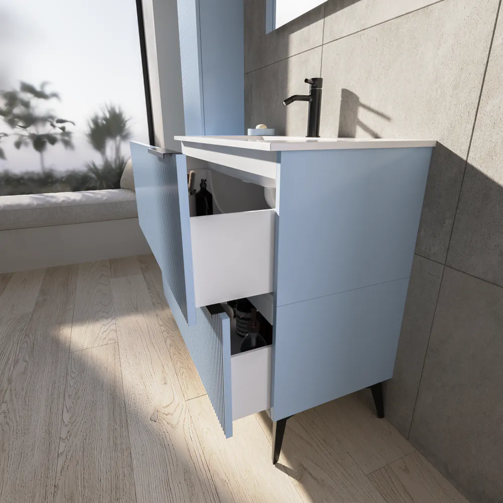 Mobile bagno a terra cannettato 90 cm azzurro capri 2 cassetti con lavabo in ceramica, piedini nero opaco | Fuji Mobile bagno a terra cannettato 90 cm azzurro capri 2 cassetti con lavabo in ceramica, piedini nero opaco | Fuji