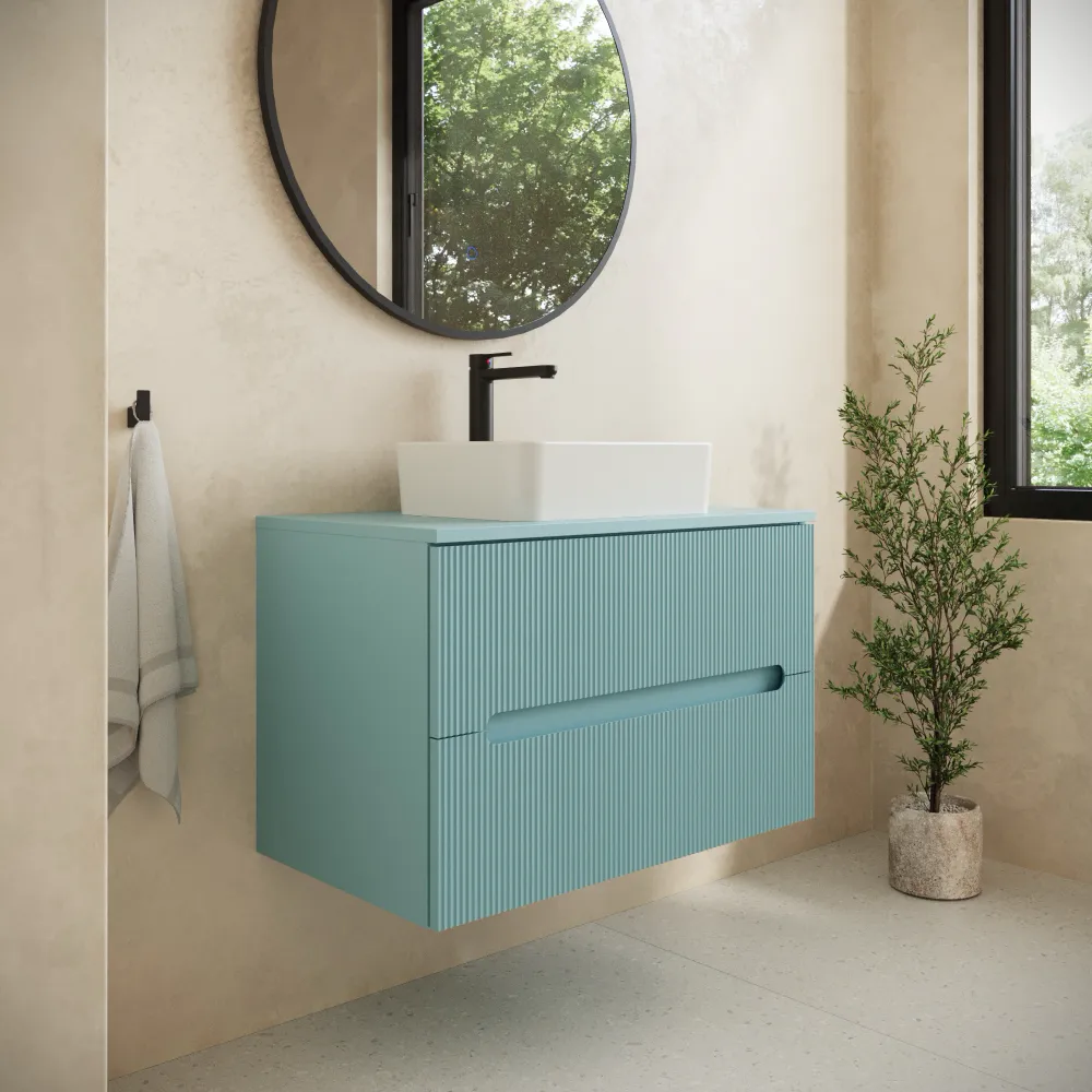 Mobile bagno sospeso 70cm due cassetti carta da zucchero cannettato con top | Tigua