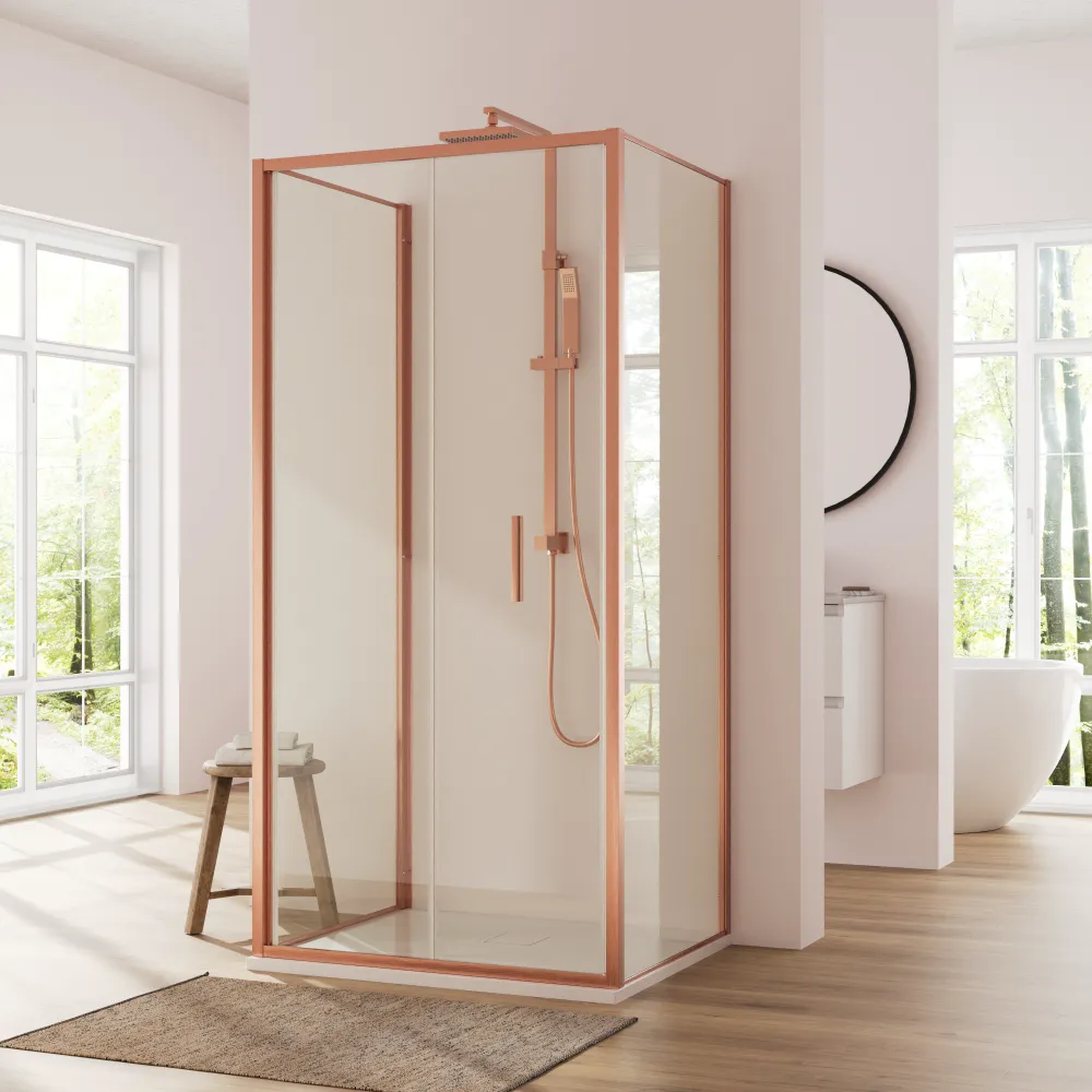 Box doccia 3 lati 90x75x90cm con porta a libro profili rame spazzolato vetro 6mm trasparente anticalcare h190| Portofino