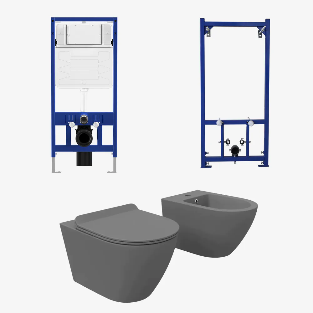Kit coppia sanitari sospesi WC e bidet con sistema di scarico da incasso e telaio per bidet mod. Sydney grigio opaco Kit coppia sanitari sospesi WC e bidet con sistema di scarico da incasso e telaio per bidet mod. Sydney grigio opaco