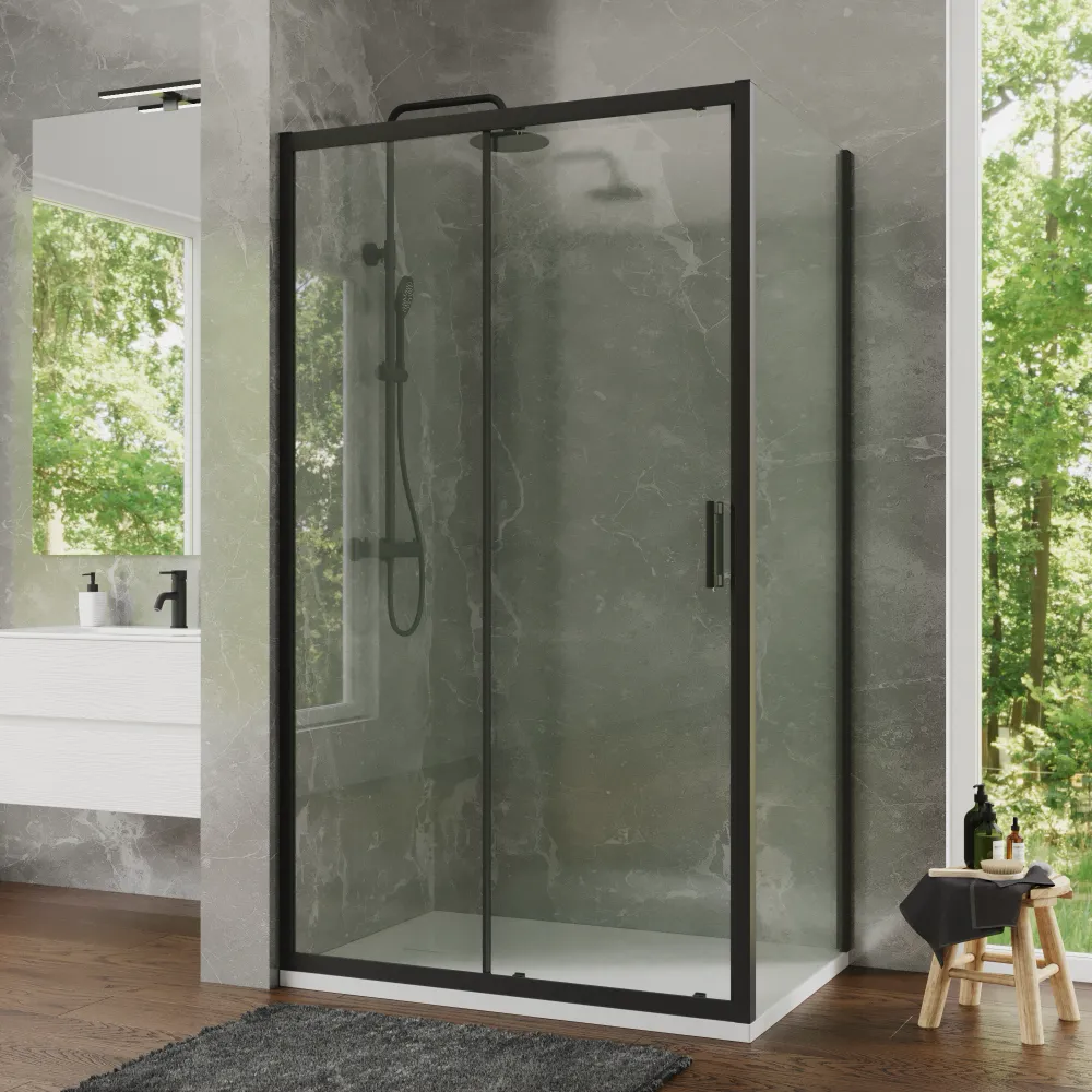 Box doccia 80x140 cm scorrevole profili nero opaco vetro temperato 6mm trasparente anticalcare h198 | Tahiti Box doccia 80x140 cm scorrevole profili nero opaco vetro temperato 6mm trasparente anticalcare h198 | Tahiti