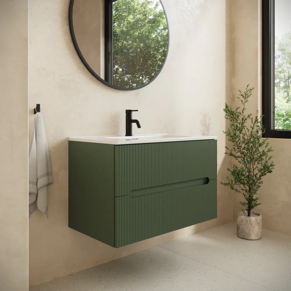 Mobile bagno sospeso 100cm due cassetti verde foresta cannettato con lavabo | Tigua
