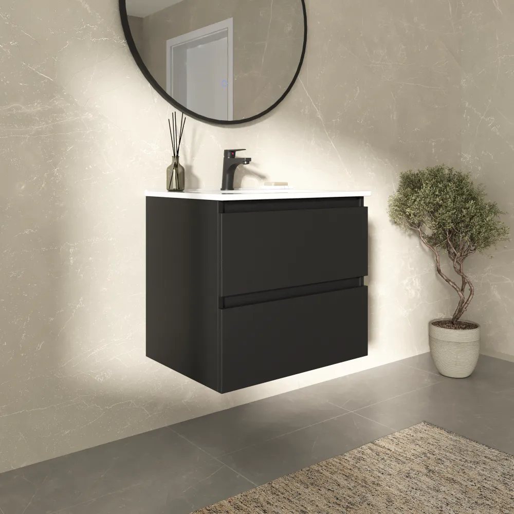 Mobile bagno sospeso 80cm due cassetti nero opaco con lavabo | Hexa Mobile bagno sospeso 80cm due cassetti nero opaco con lavabo | Hexa