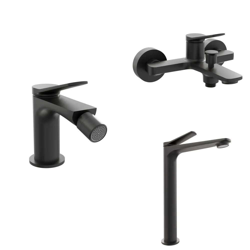 Set miscelatori: lavabo alto bidet senza scarico ed esterno vasca a muro nero opaco | Anne Set miscelatori: lavabo alto bidet senza scarico ed esterno vasca a muro nero opaco | Anne