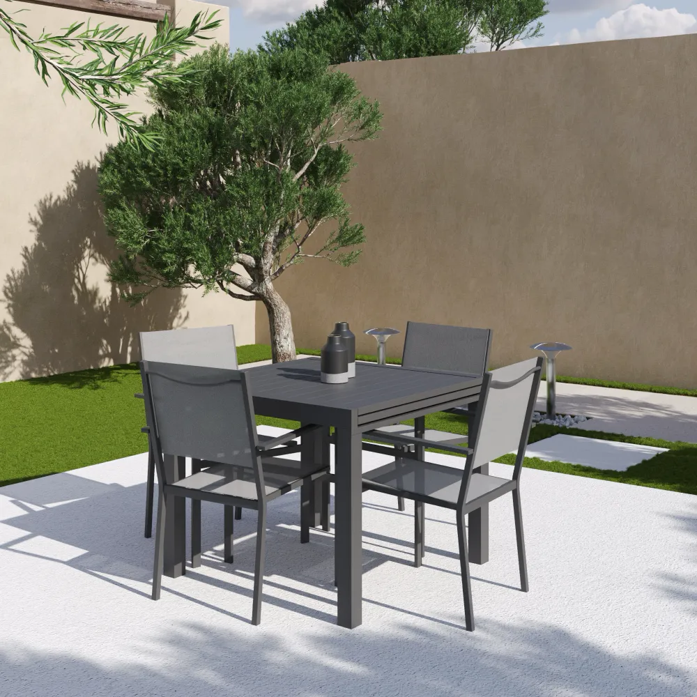 Set da esterno grigio con tavolo allungabile 90/180x74cm e 4 sedie in alluminio con textilene e braccioli squadrati | Marel Set da esterno grigio con tavolo allungabile 90/180x74cm e 4 sedie in alluminio con textilene e braccioli squadrati | Marel
