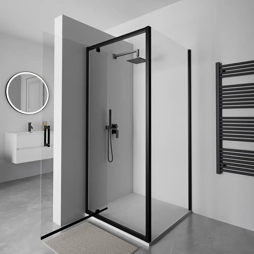Box doccia 70x90 cm apertura a battente profili neri vetro 6mm trasparente | Apulia Box doccia 70x90 cm apertura a battente profili neri vetro 6mm trasparente | Apulia