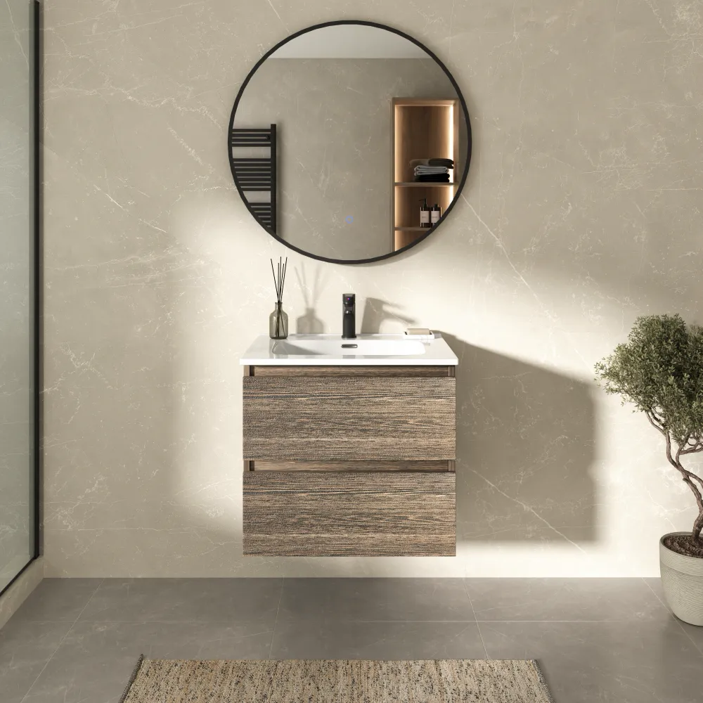 Mobile bagno sospeso 70cm due cassetti rovere scuro vintage wenge con lavabo | Hexa Mobile bagno sospeso 70cm due cassetti rovere scuro vintage wenge con lavabo | Hexa