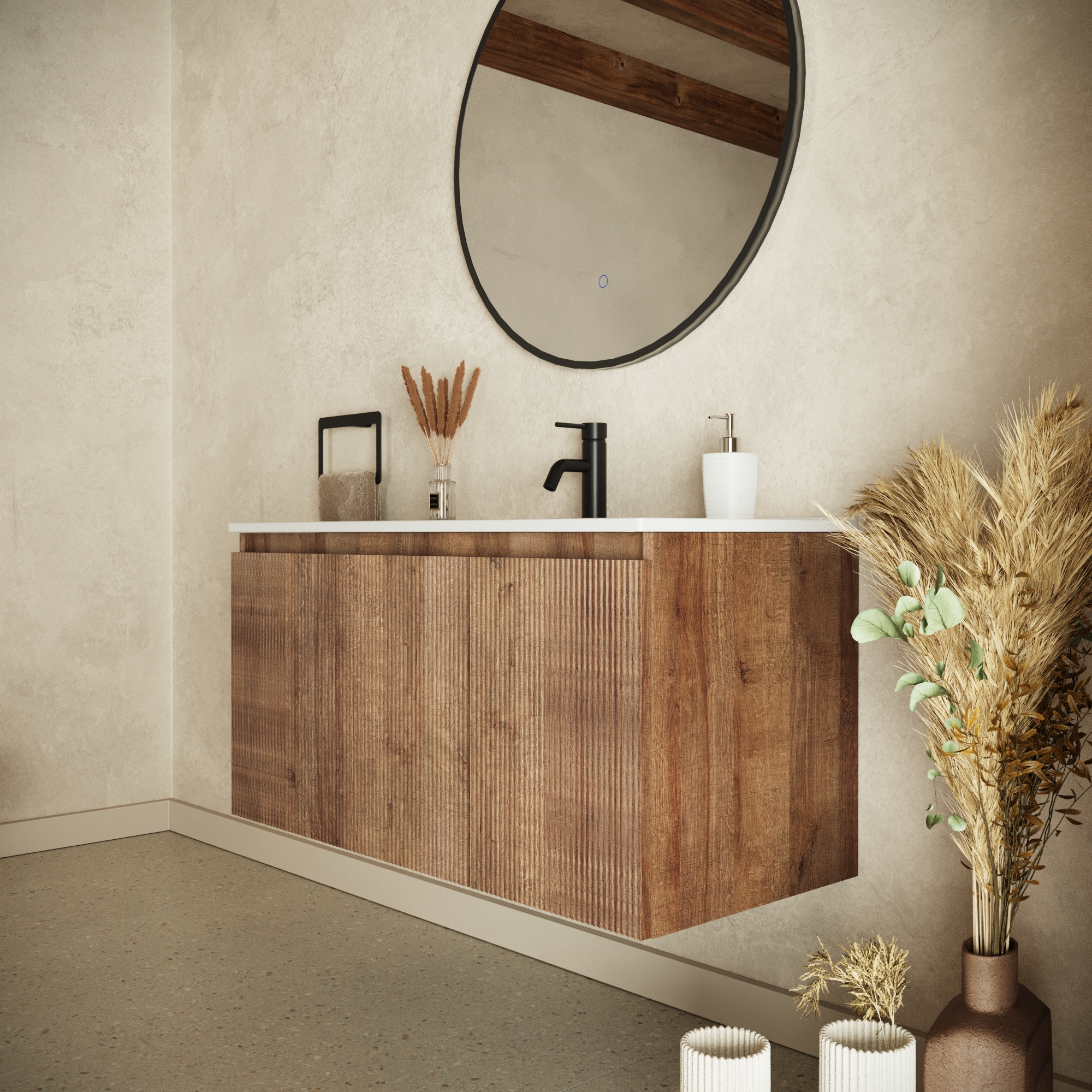 Mobile bagno sospeso 100cm tre ante rovere scuro cannettato con lavabo | Pelion