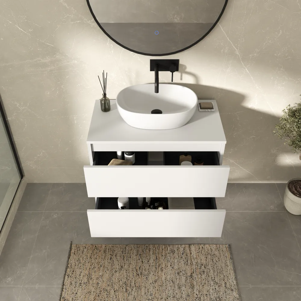 Mobile bagno sospeso 80cm due cassetti bianco opaco con top | Hexa Mobile bagno sospeso 80cm due cassetti bianco opaco con top | Hexa