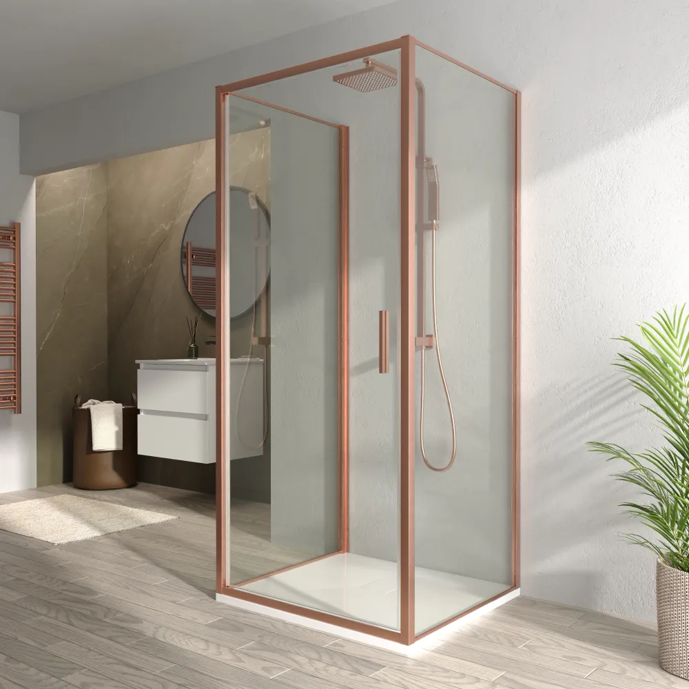 Box doccia 3 lati 90x75x90cm con porta a battente profili rame spazzolato vetro 6mm trasparente anticalcare h190| Portofino