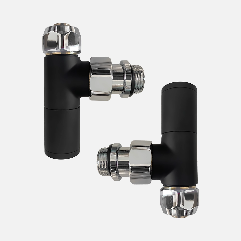 Coppia valvole a squadra per termoarredo con detentore e raccordi per multistrato 16x2 nero opaco Coppia valvole a squadra per termoarredo con detentore e raccordi per multistrato 16x2 nero opaco