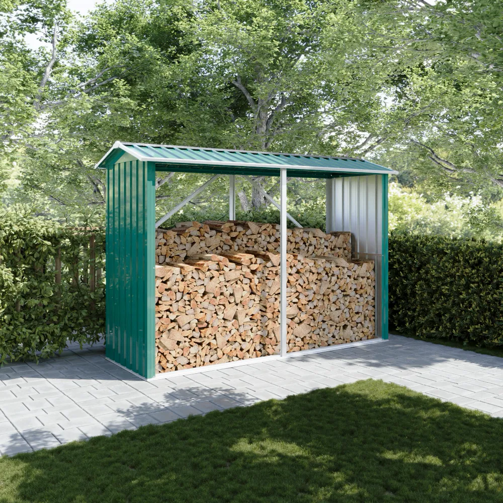 Legnaia da esterno in acciaio zincato verde 238x87x160cm con tetto spiovente