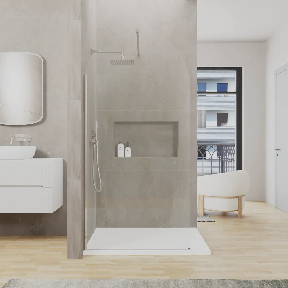 Doccia walk-in arco 80cm con profilo nickel spazzolato vetro trasparente 8mm easy clean h200| Nusa Doccia walk-in arco 80cm con profilo nickel spazzolato vetro trasparente 8mm easy clean h200| Nusa
