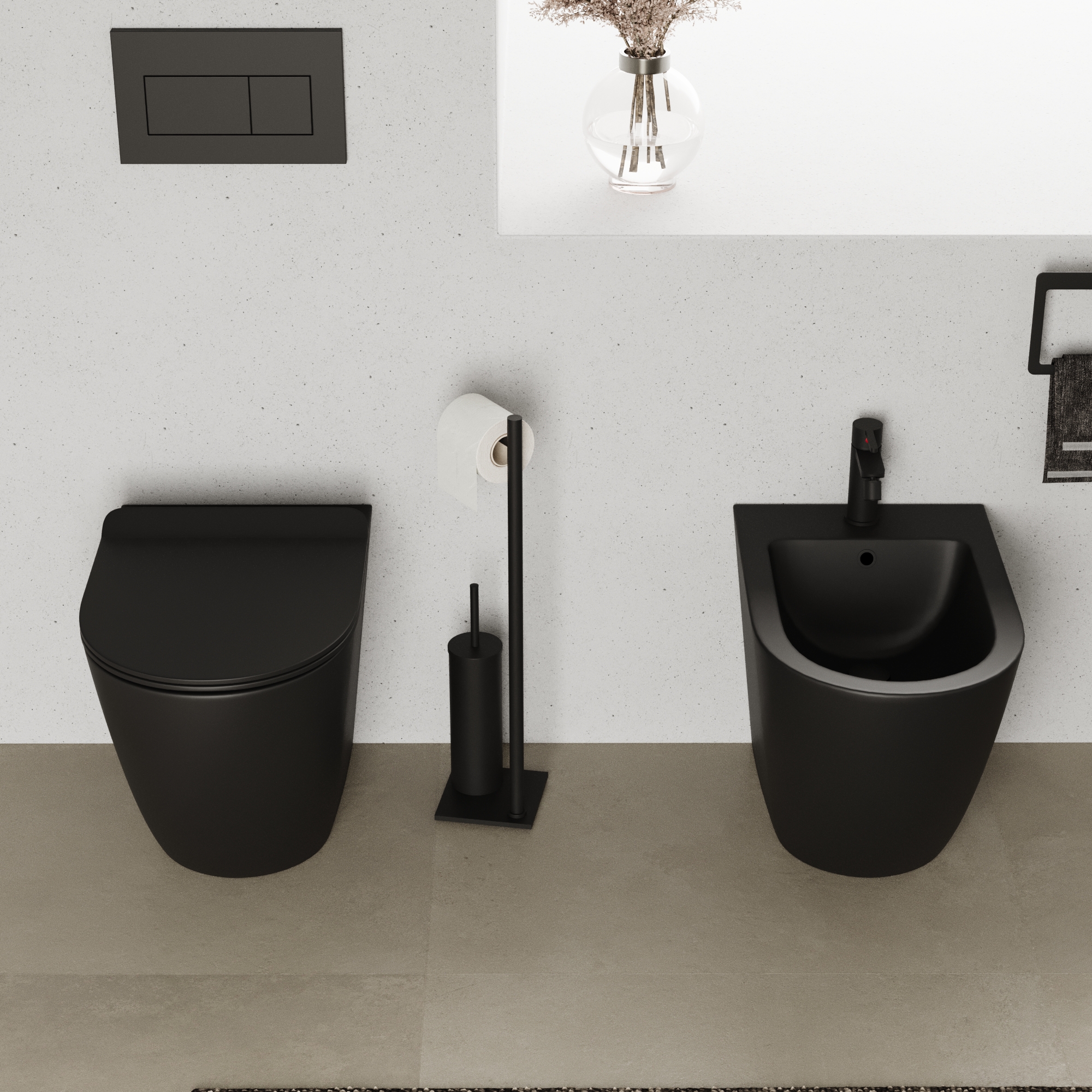 Sanitari filomuro in ceramica nero opaco vaso tornado silent flush sedile soft-close e bidet | Sydney