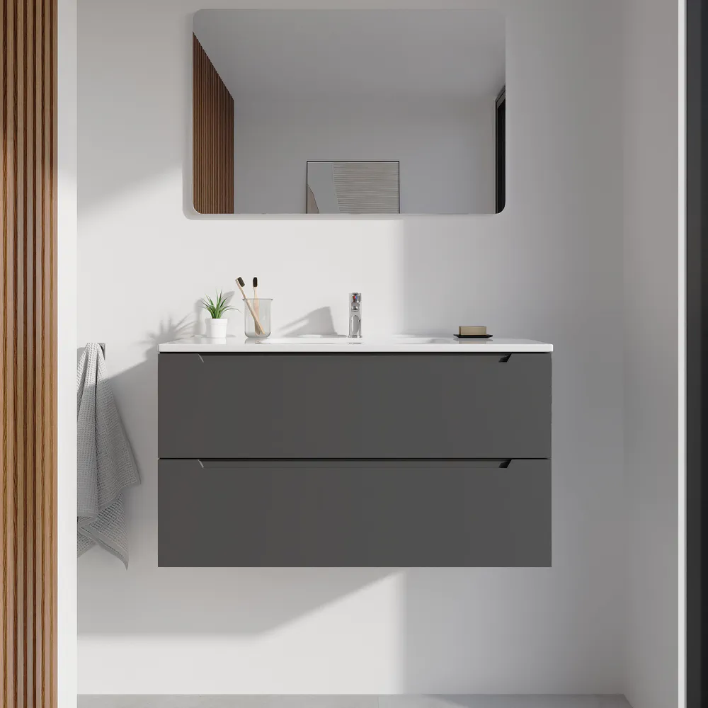 Mobile bagno sospeso 90cm grigio opaco due cassetti soft-close con lavabo bianco lucido | Bako Mobile bagno sospeso 90cm grigio opaco due cassetti soft-close con lavabo bianco lucido | Bako