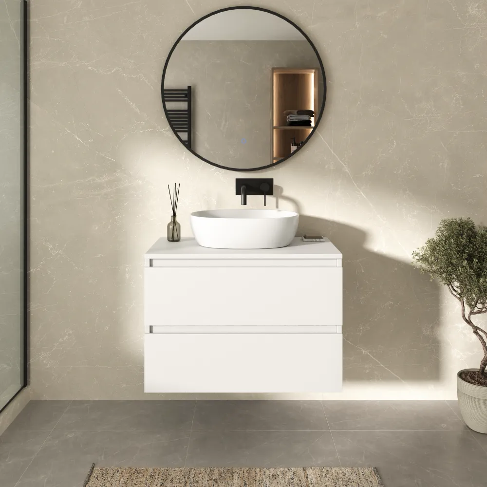 Mobile bagno sospeso 80cm due cassetti bianco opaco con top | Hexa