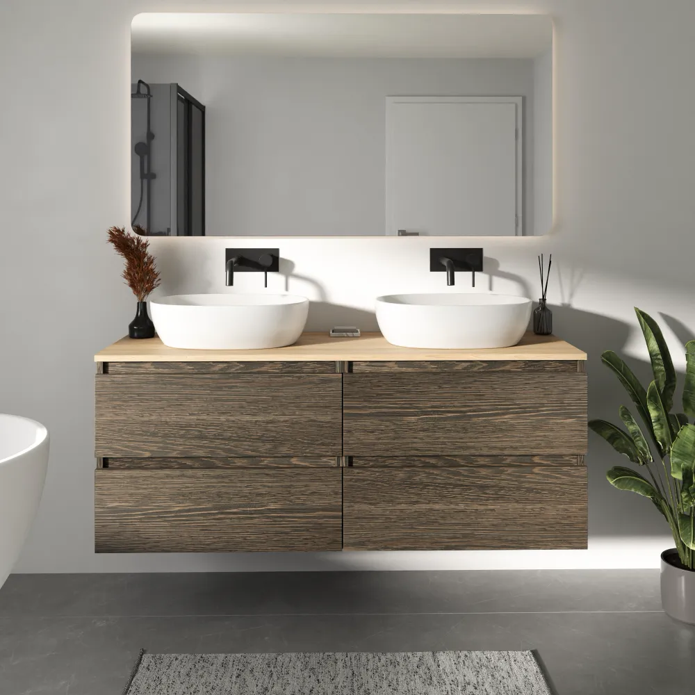 Mobile bagno sospeso 140cm quattro cassetti rovere scuro con top rovere chiaro | Hexa Mobile bagno sospeso 140cm quattro cassetti rovere scuro con top rovere chiaro | Hexa