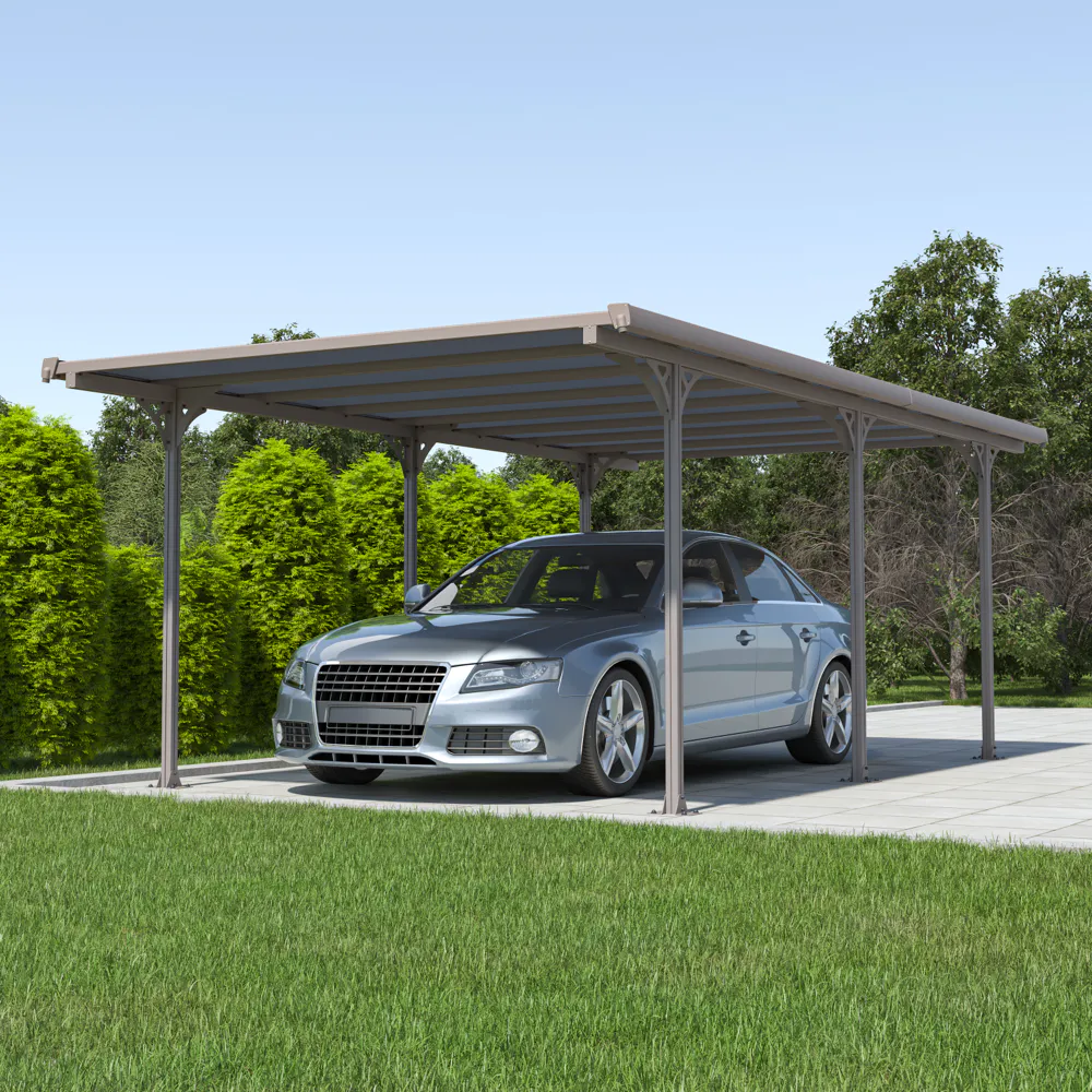 Tettoia per auto 573x313xh205cm in alluminio e policarbonato grigio caldo Tettoia per auto 573x313xh205cm in alluminio e policarbonato grigio caldo