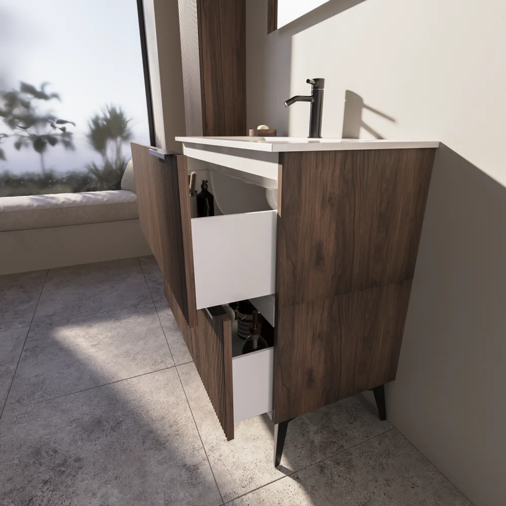 Mobile bagno a terra cannettato 90 cm rovere scuro 2 cassetti con lavabo in ceramica, piedini nero opaco e colonna | Fuji