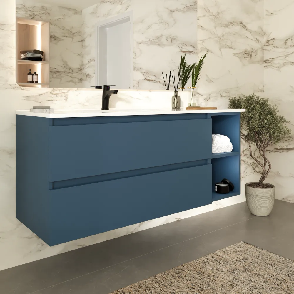 Mobile bagno sospeso 100cm due cassetti alby blue con lavabo sinistro e vano a giorno | Hexa Mobile bagno sospeso 100cm due cassetti alby blue con lavabo sinistro e vano a giorno | Hexa