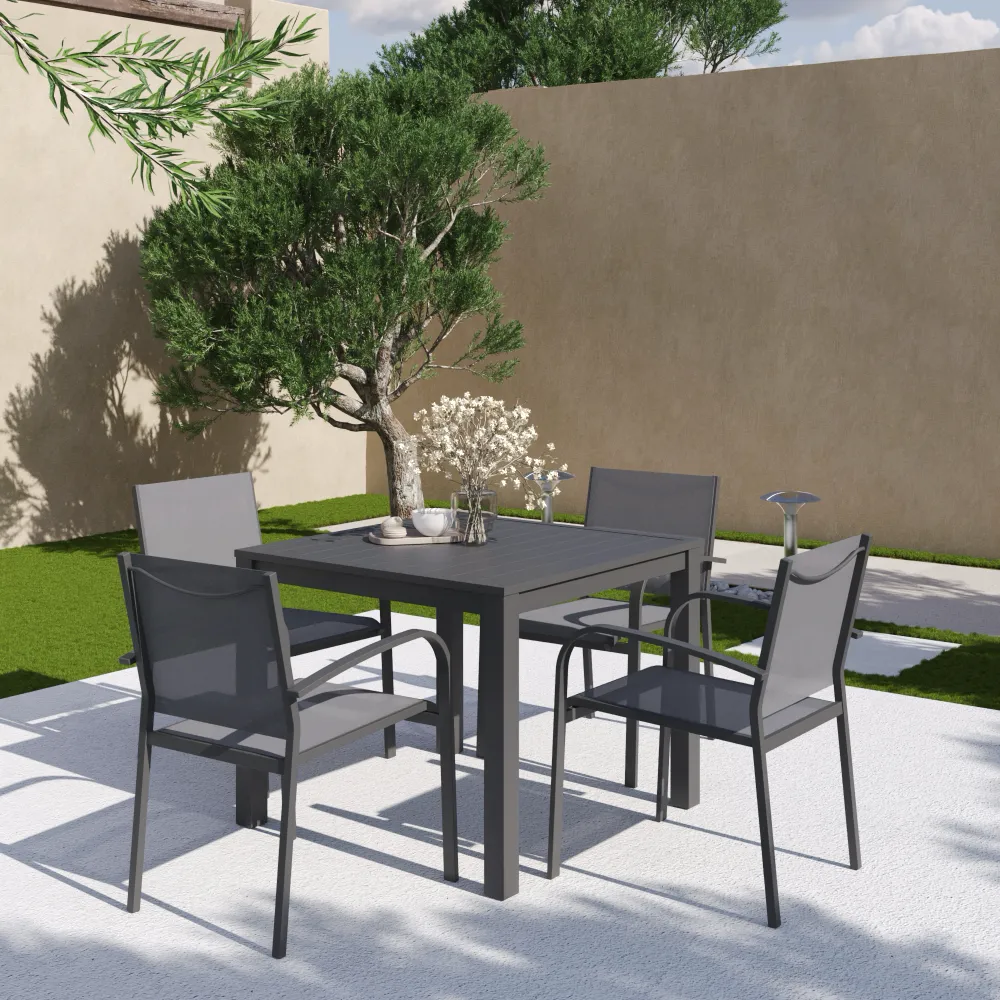Set da esterno grigio con tavolo 90x90x74 cm e 4 sedie in alluminio con textilene e braccioli tondi | Marel