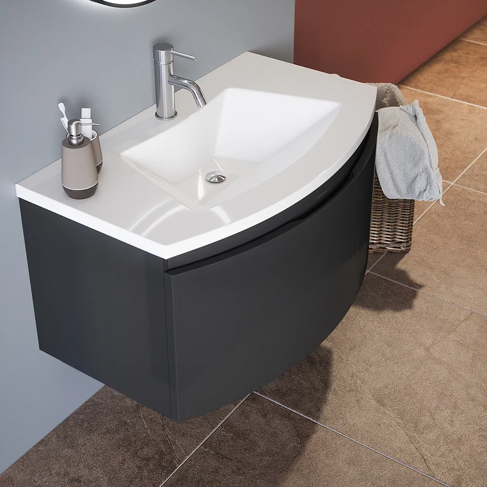 Mobile sospeso 60 cm grigio lucido con un cassetto e lavabo in ceramica, frontale curvo | Lula Mobile sospeso 60 cm grigio lucido con un cassetto e lavabo in ceramica, frontale curvo | Lula