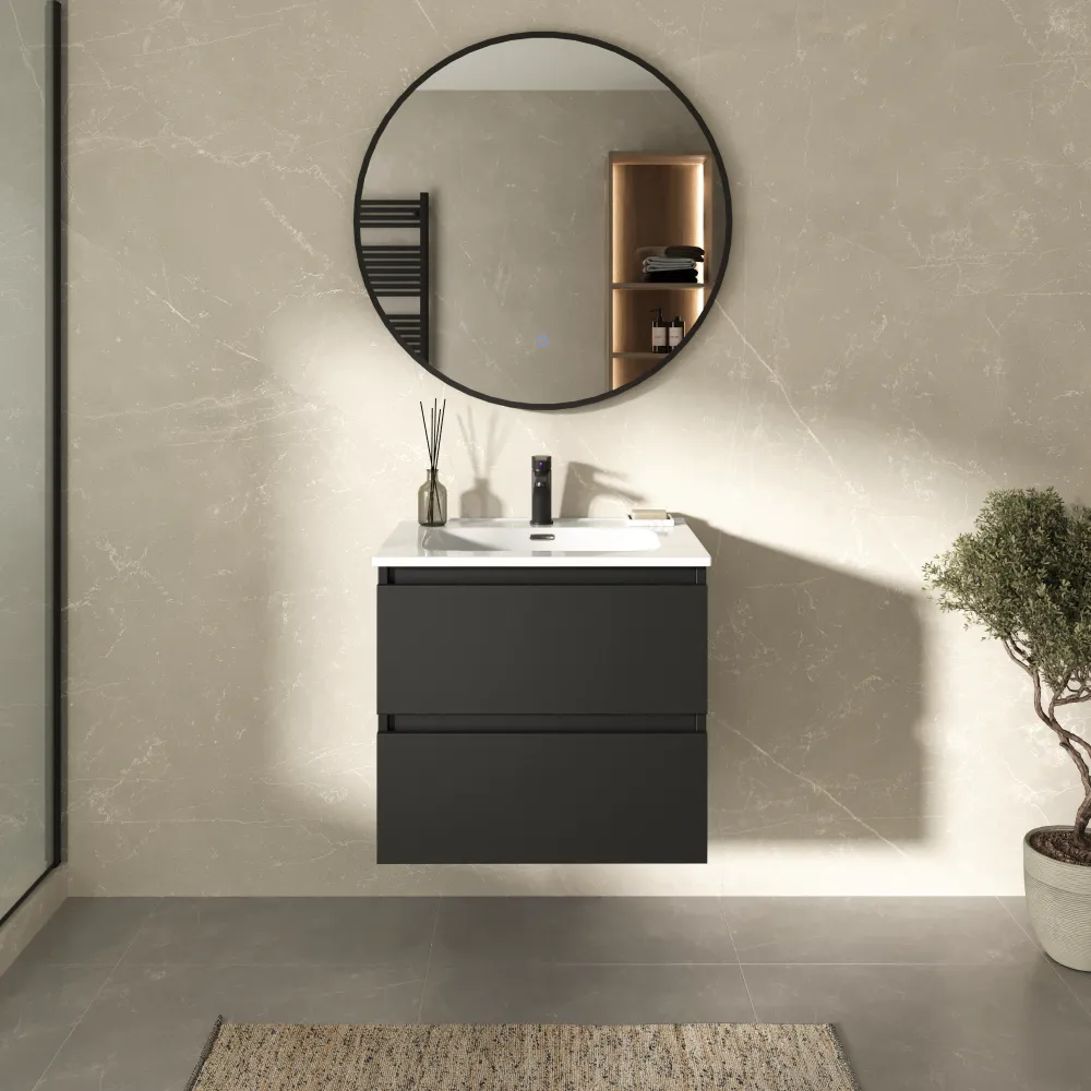 Mobile bagno sospeso 80cm due cassetti nero opaco con lavabo | Hexa Mobile bagno sospeso 80cm due cassetti nero opaco con lavabo | Hexa
