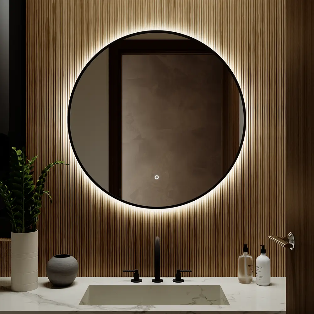 Specchio led tondo Ø 60 cm con cornice nero opaco retroilluminato sensore touch-screen Specchio led tondo Ø 60 cm con cornice nero opaco retroilluminato sensore touch-screen