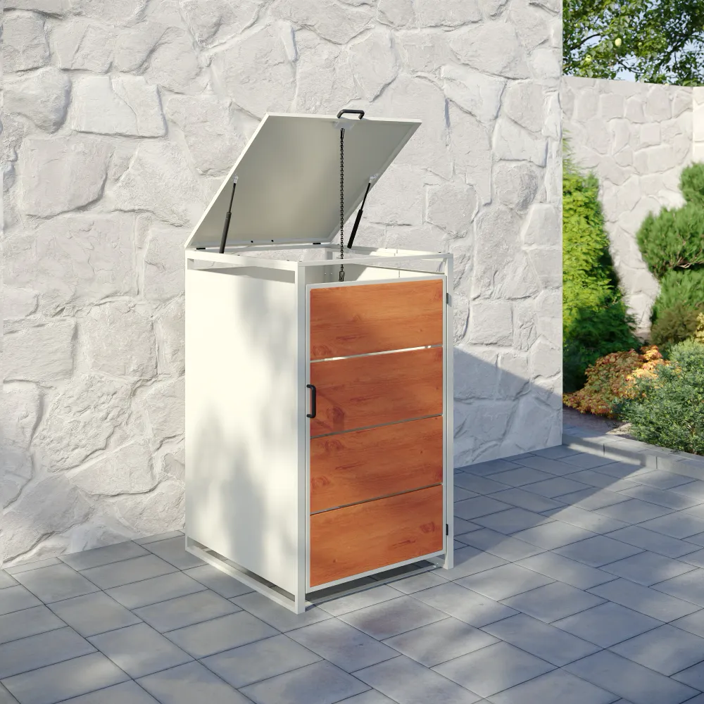 Copri bidoni 1 cassonetto 240L 68x75x115cm in acciaio zincato profili bianchi con pannelli effetto legno | Kubo