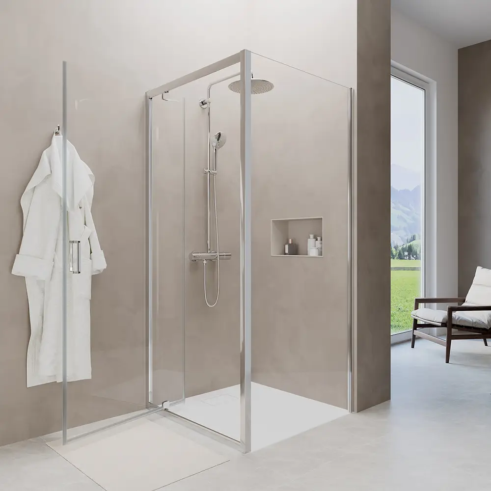 Box doccia angolare con porta a battente e vetro fisso laterale mod. Apulia Box doccia angolare con porta a battente e vetro fisso laterale mod. Apulia