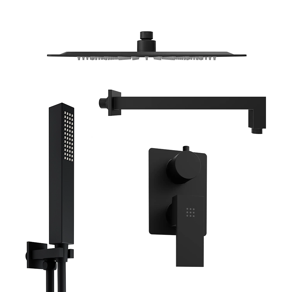 Set doccia squadrato nero opaco - Miscelatore incasso 2 vie, braccio 40cm, soffione slim 30x30cm e doccino Set doccia squadrato nero opaco - Miscelatore incasso 2 vie, braccio 40cm, soffione slim 30x30cm e doccino