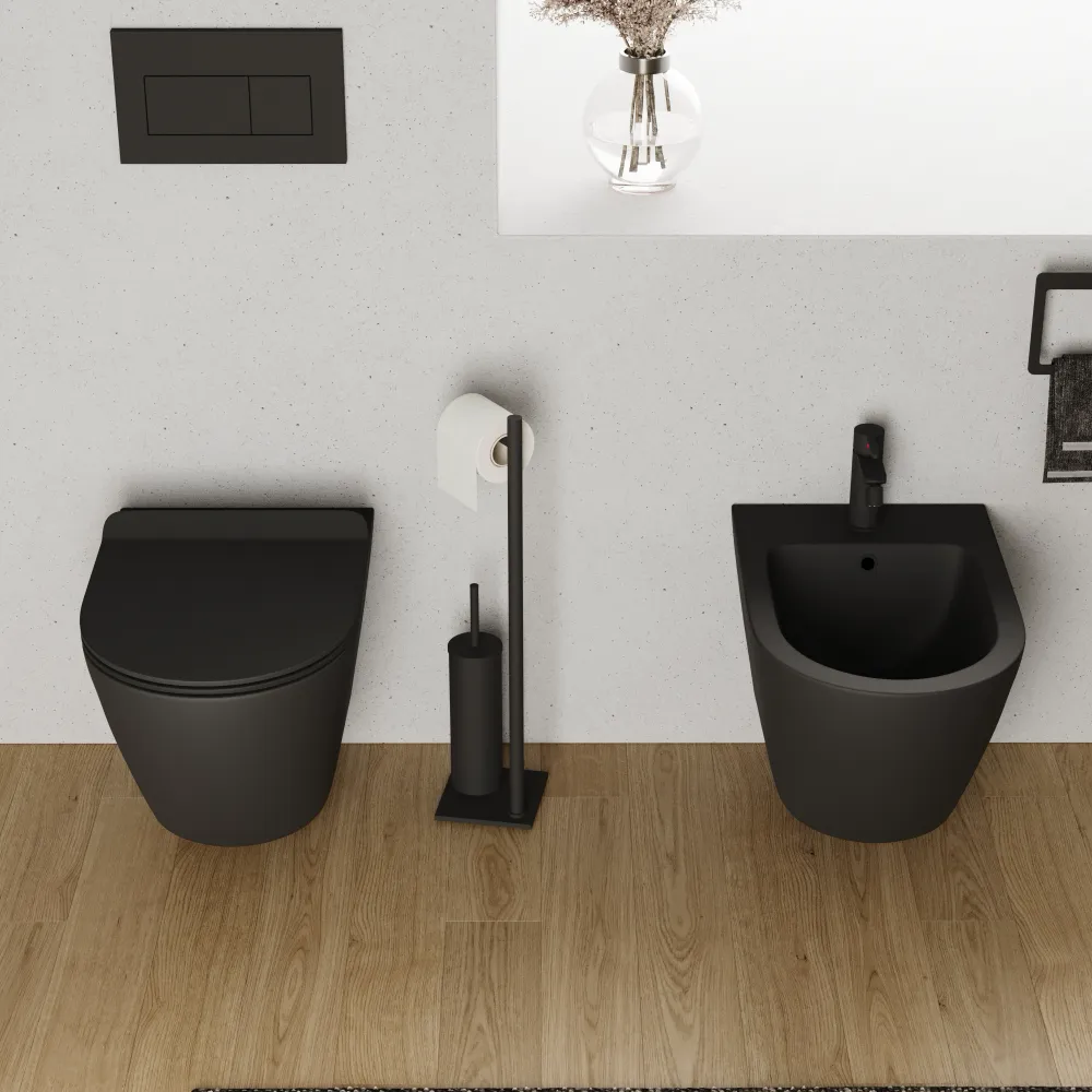 Sanitari sospesi in ceramica nero opaco vaso rimless sedile soft-close e bidet | Sydney