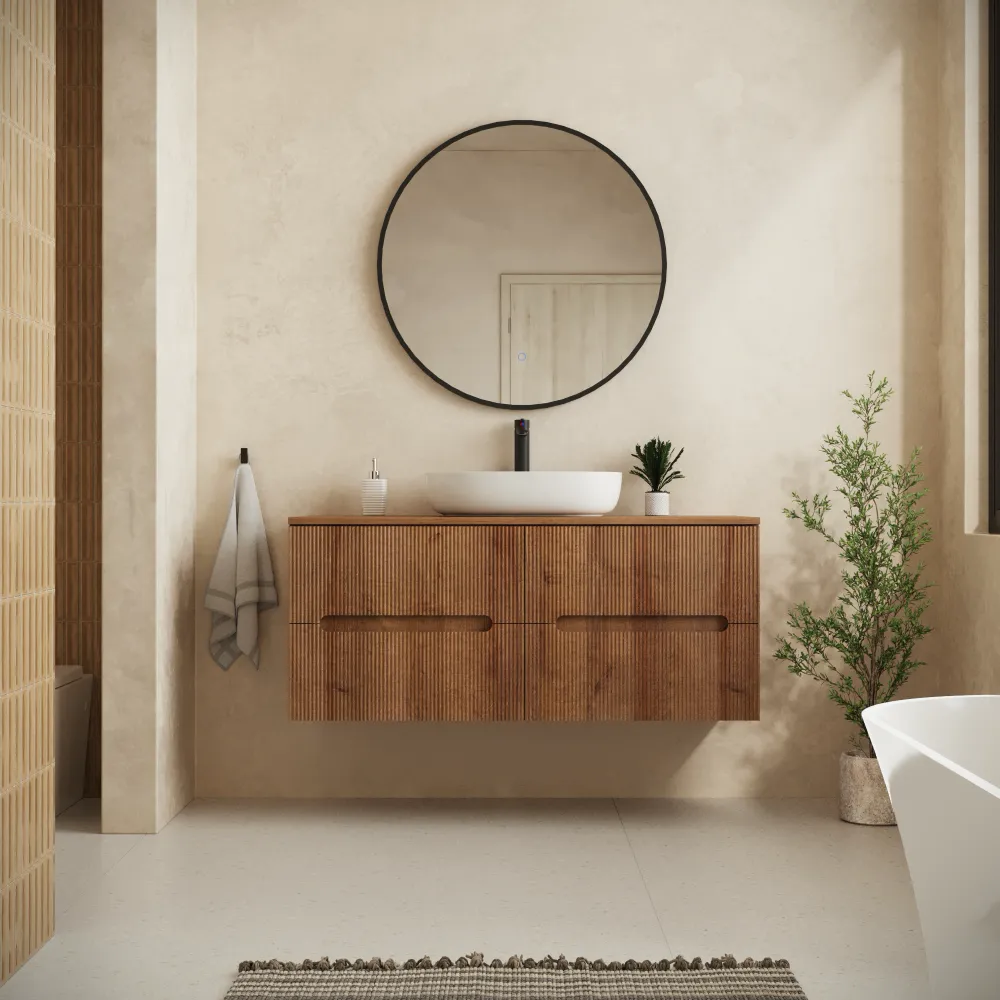 Mobile bagno sospeso 120cm quattro cassetti rovere scuro cannettato con top | Tigua Mobile bagno sospeso 120cm quattro cassetti rovere scuro cannettato con top | Tigua