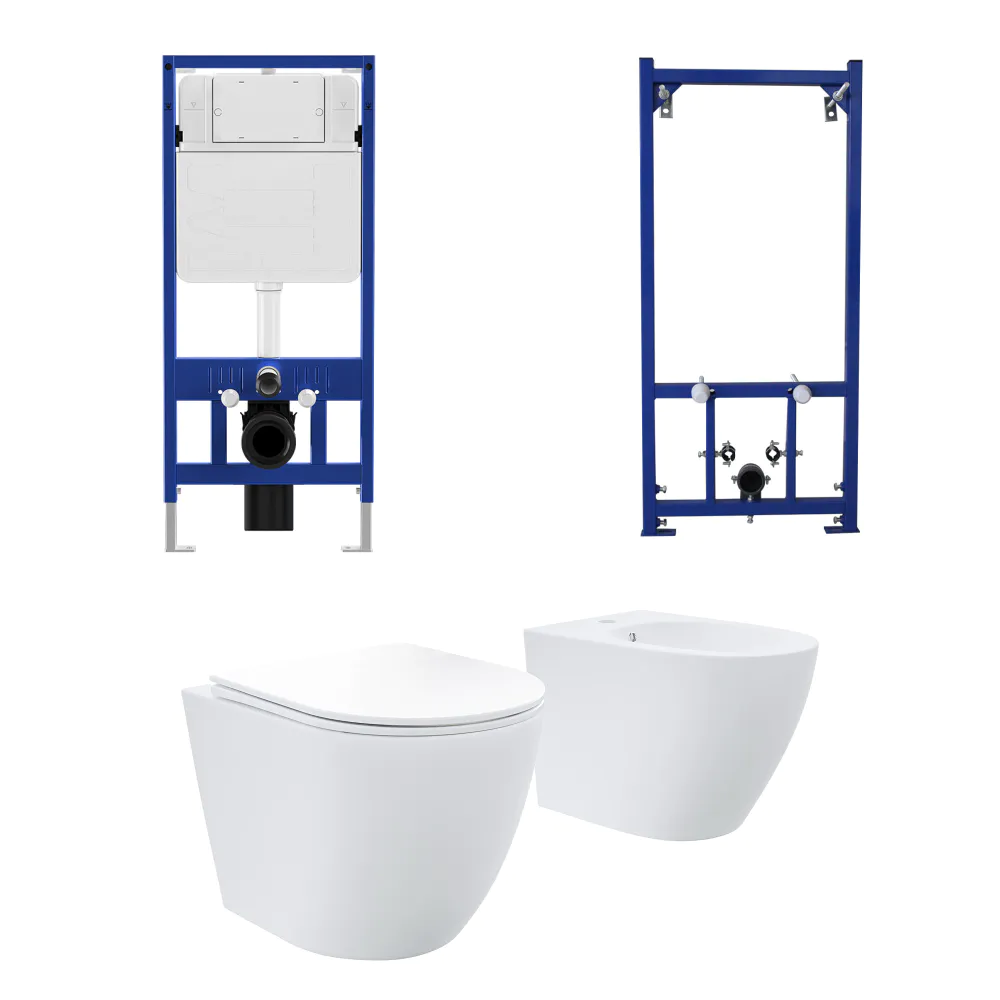 Kit coppia sanitari sospesi WC e bidet con sistema di scarico da incasso e telaio per bidet mod. Europa Small bianco opaco