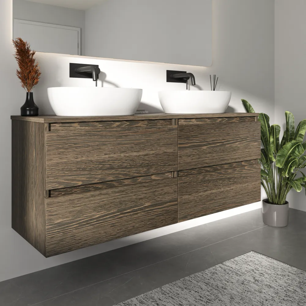 Mobile bagno sospeso 140cm due cassetti rovere scuro vintage wenge con top | Hexa Mobile bagno sospeso 140cm due cassetti rovere scuro vintage wenge con top | Hexa