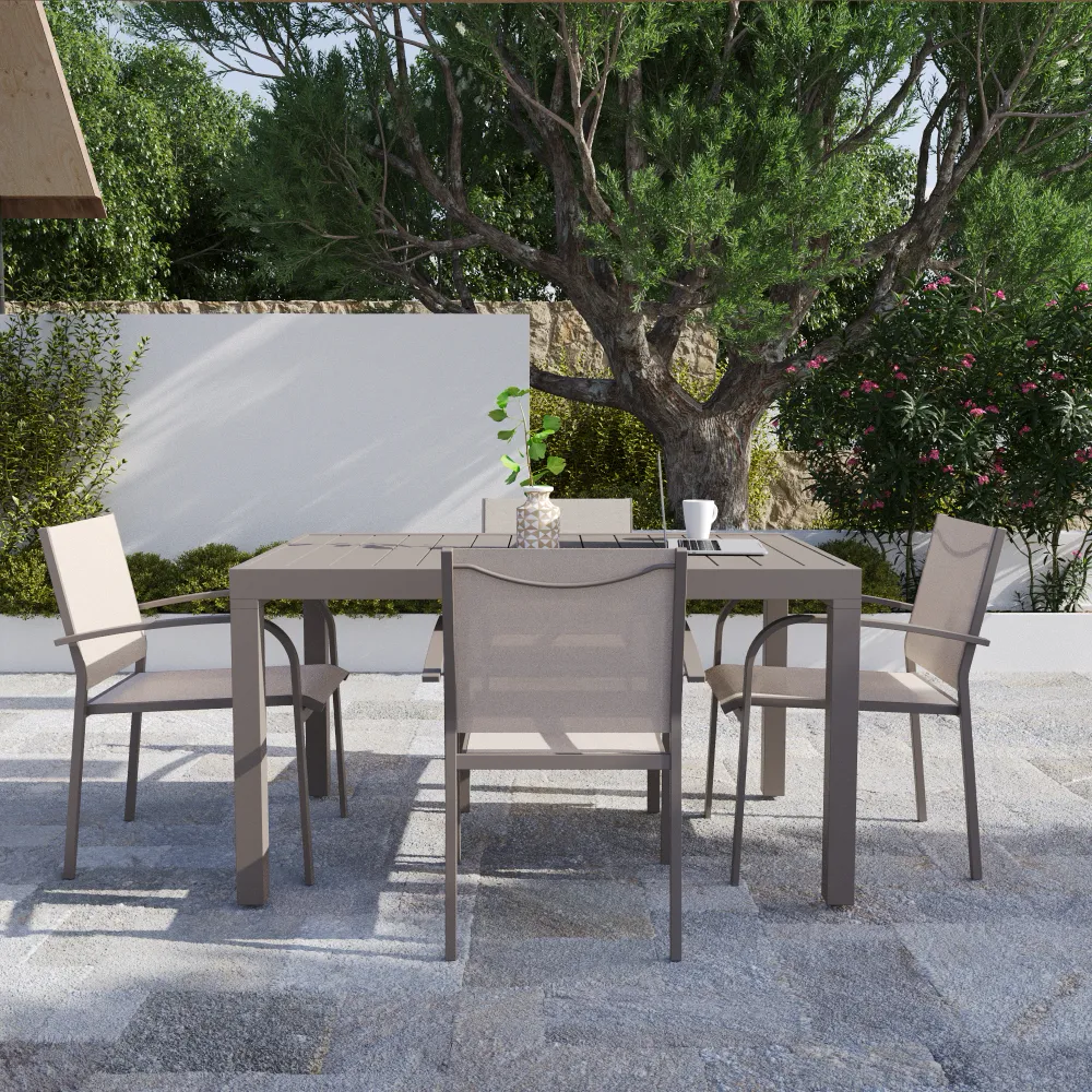 Set da esterno tortora con tavolo allungabile 135/270x74cm e 4 sedie in alluminio e textilene con braccioli tondi | Marel Set da esterno tortora con tavolo allungabile 135/270x74cm e 4 sedie in alluminio e textilene con braccioli tondi | Marel