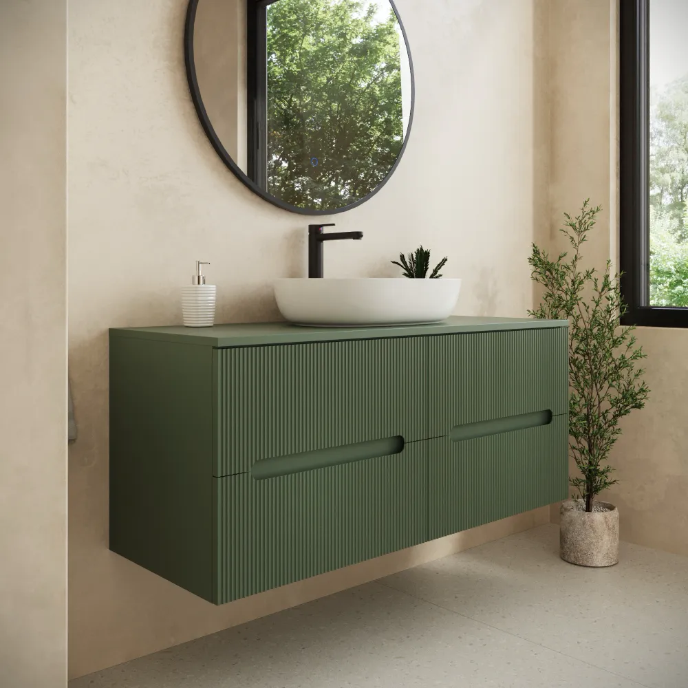 Mobile bagno sospeso 120cm quattro cassetti verde foresta cannettato con top | Tigua
