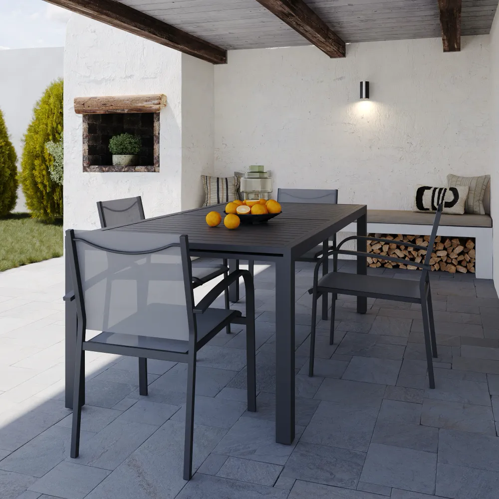 Set da esterno grigio con tavolo allungabile 200/300x75cm e 4 sedie in alluminio e textilene con braccioli tondi | Marel Set da esterno grigio con tavolo allungabile 200/300x75cm e 4 sedie in alluminio e textilene con braccioli tondi | Marel
