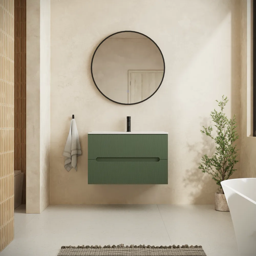 Mobile bagno sospeso 100cm due cassetti verde foresta cannettato con lavabo | Tigua