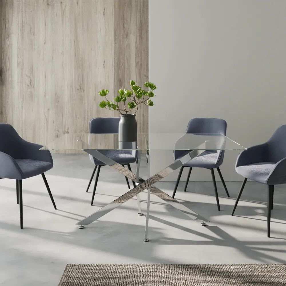 Tavolo rettangolare 160x90cm top in vetro temperato trasparente 10mm e gambe incrociate in acciaio cromato | Harald Tavolo rettangolare 160x90cm top in vetro temperato trasparente 10mm e gambe incrociate in acciaio cromato | Harald