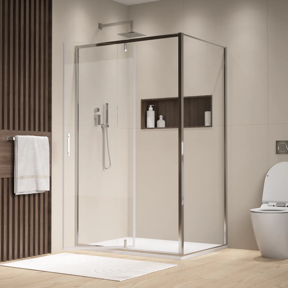 Box doccia cromato 140x80 cm con anta a battente con cerniere da 140cm e parete fissa da 80cm vetro 6mm trasparente anticalcare h190 | Lerici