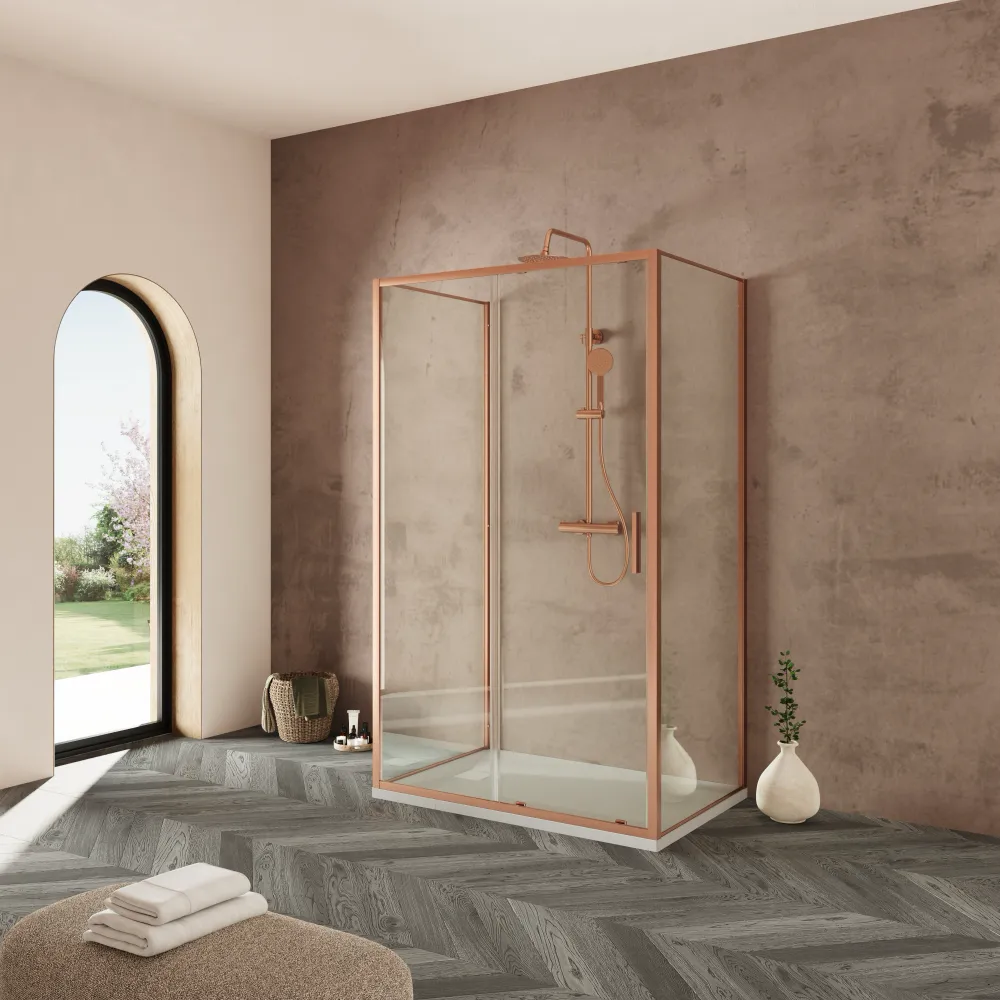 Box doccia tre lati 70x160x70cm con porta scorrevole profili rame spazzolato vetro 6mm trasparente anticalcare h190| Portofino