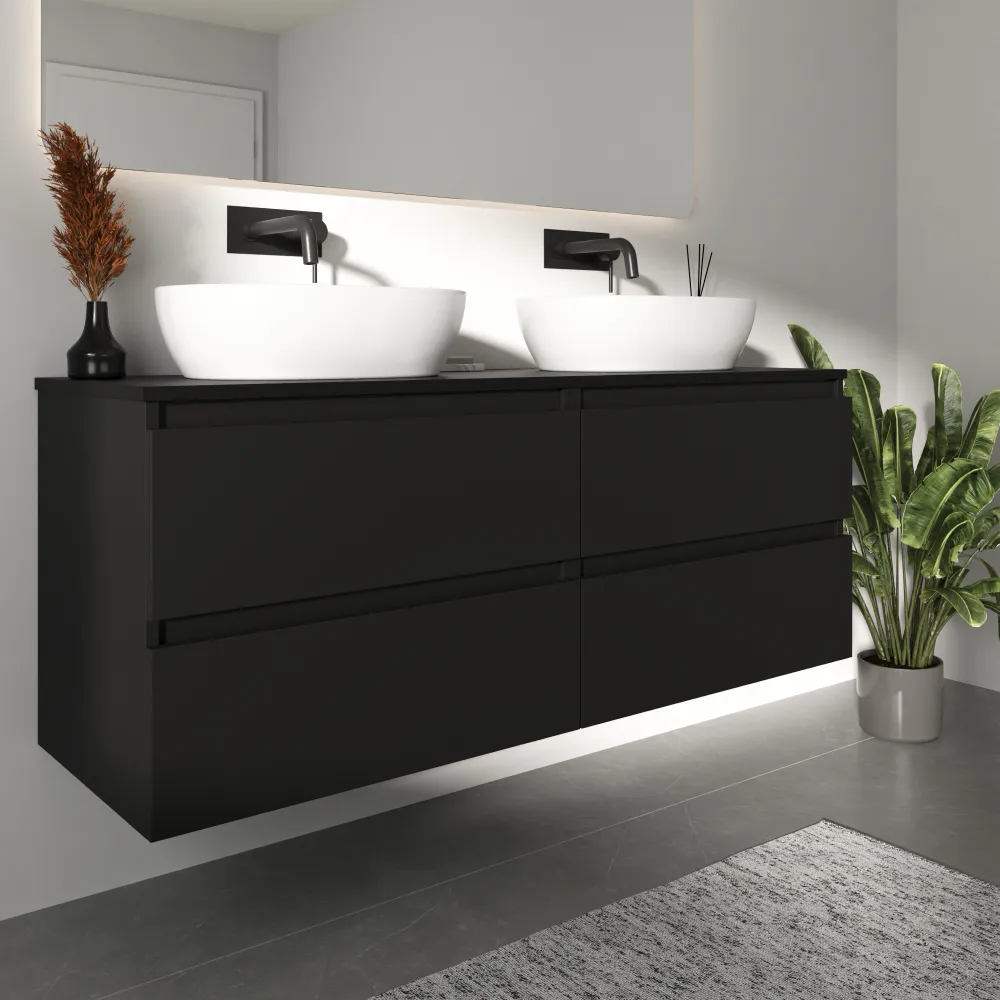 Mobile bagno sospeso 140cm due cassetti nero opaco con top | Hexa Mobile bagno sospeso 140cm due cassetti nero opaco con top | Hexa