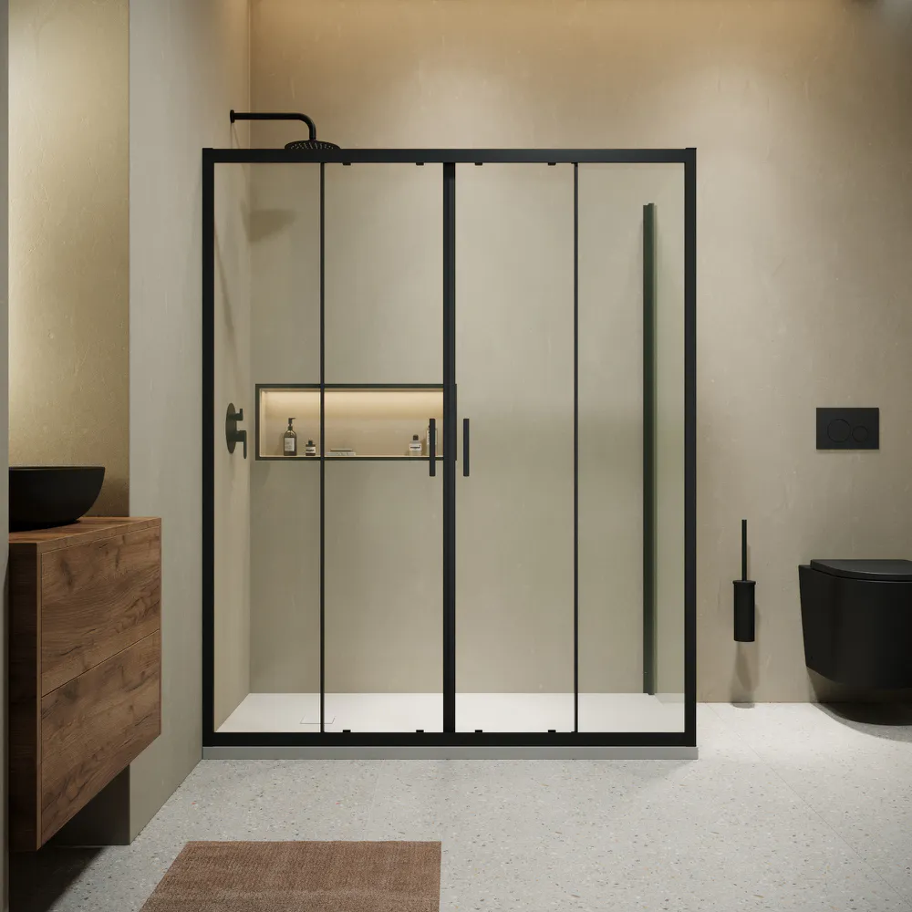 Box doccia angolare 80x170 cm profili nero opaco vetro 6mm trasparente apertura 2 ante scorrevoli | Favignana