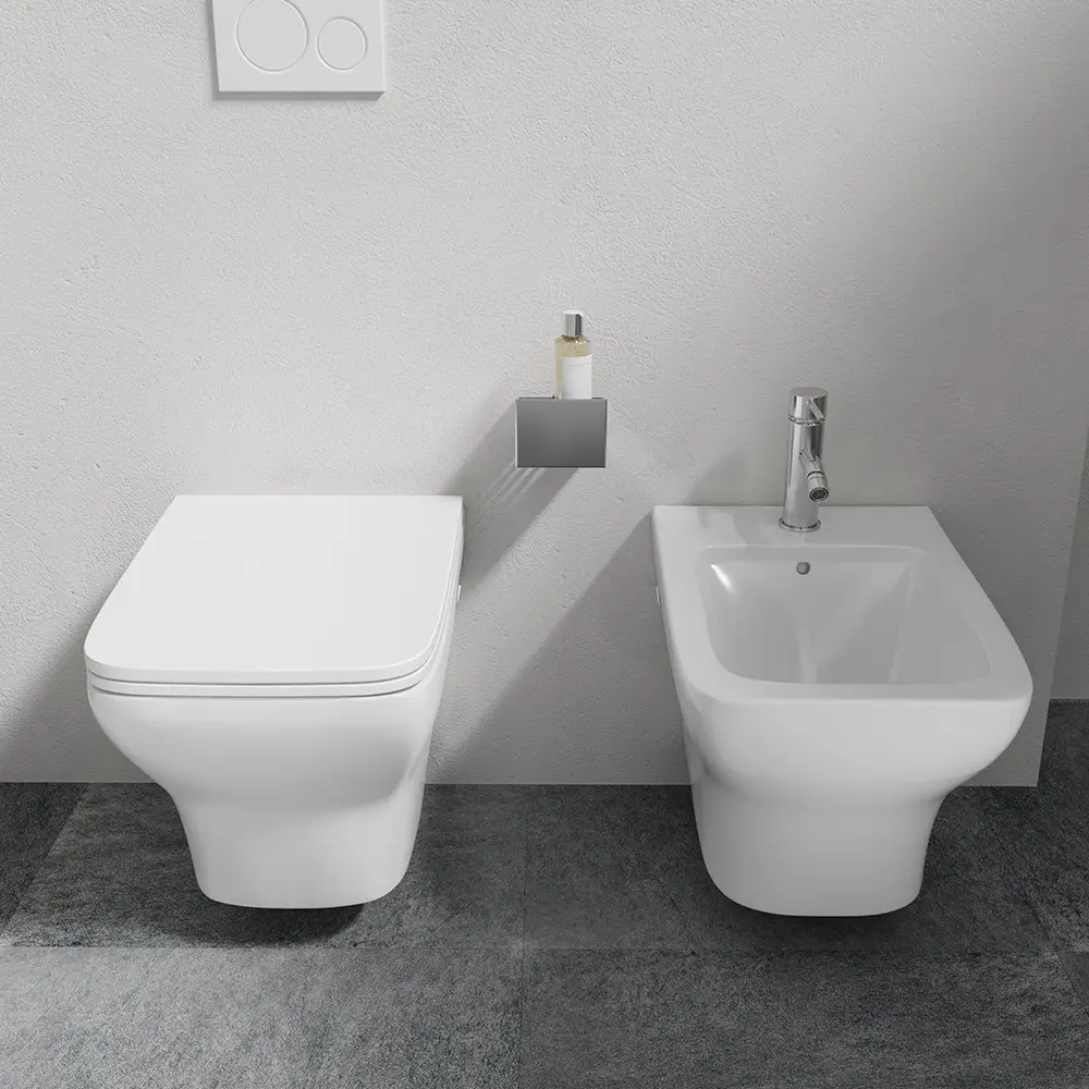 Coppia di sanitari sospesi rimless in ceramica bianca: vaso bidet e copriwc soft-close | Havana Coppia di sanitari sospesi rimless in ceramica bianca: vaso bidet e copriwc soft-close | Havana