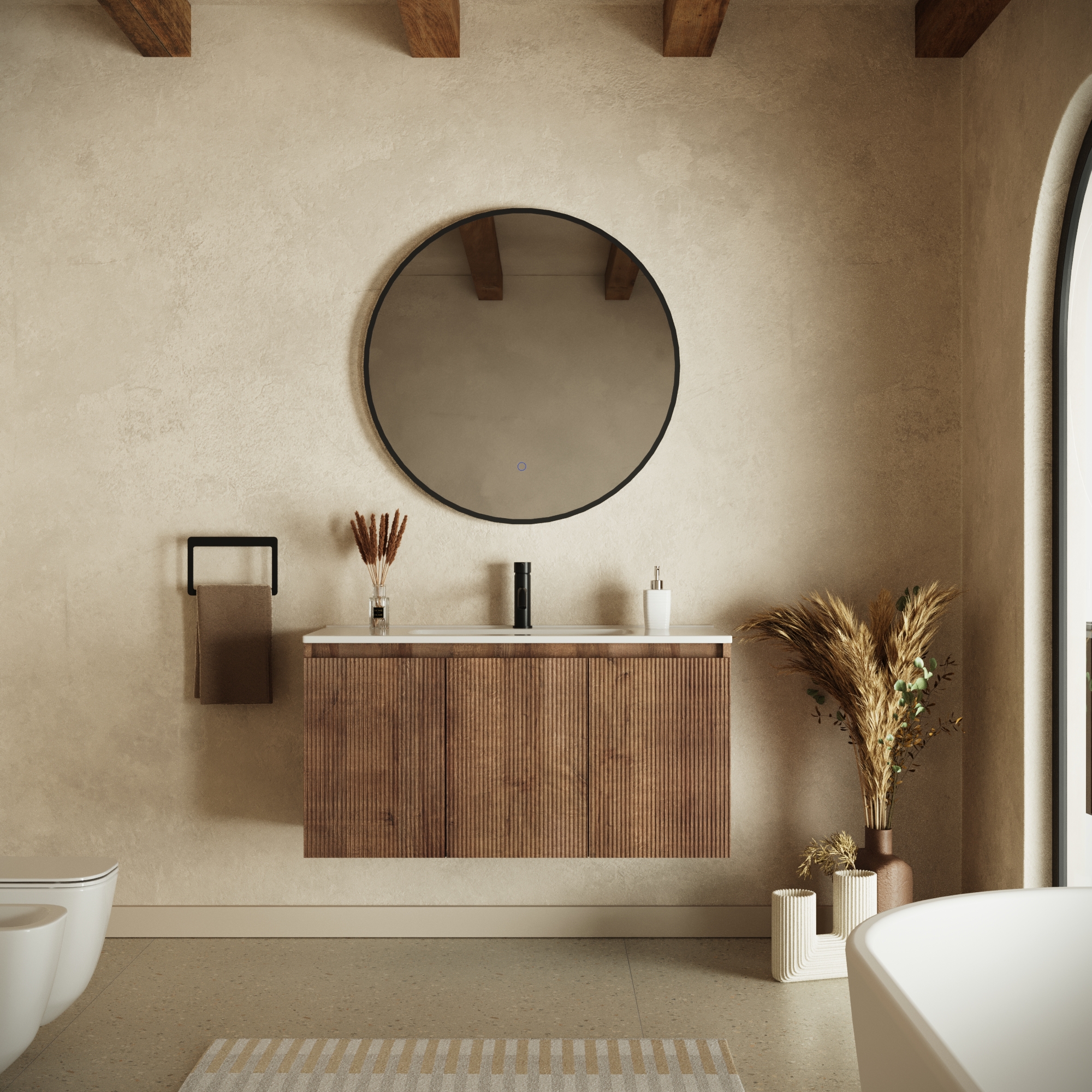 Mobile bagno sospeso 100cm tre ante rovere scuro cannettato con lavabo | Pelion