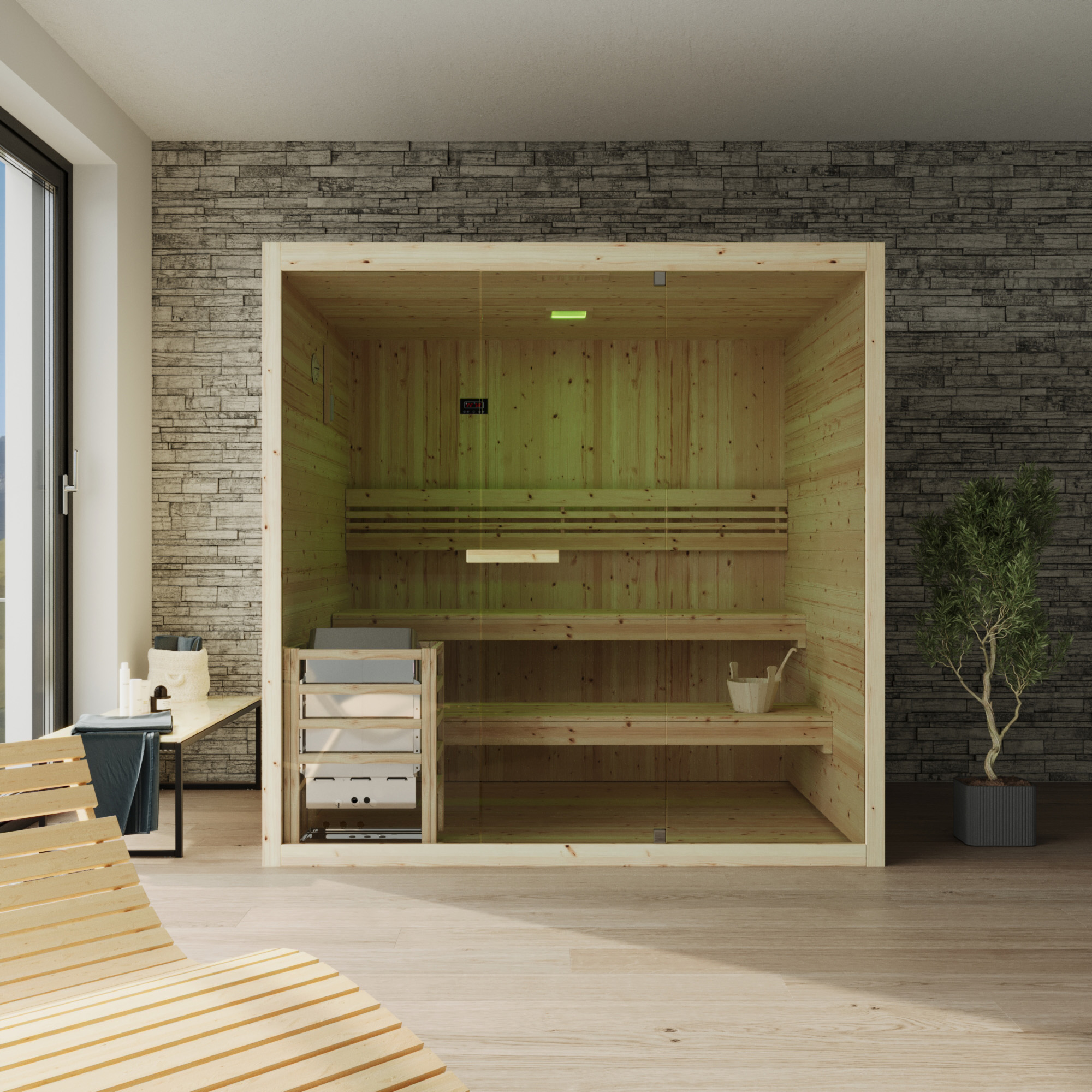 Sauna finlandese da interno 3-4 persone 180x130cm h200 in legno di abete | Nirva Sauna finlandese da interno 3-4 persone 180x130cm h200 in legno di abete | Nirva