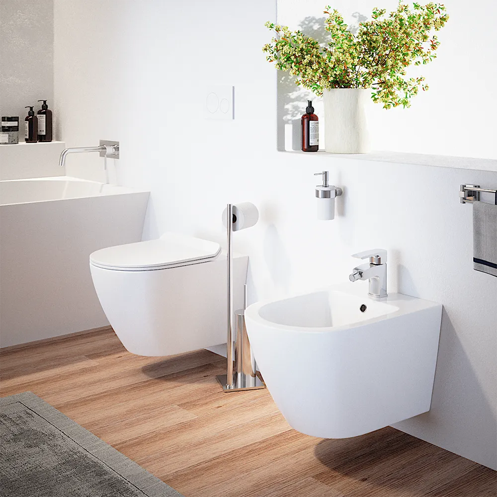 Sanitari sospesi in ceramica bianco lucido vaso tornado silent flush sedile soft-close e bidet | Sydney Sanitari sospesi in ceramica bianco lucido vaso tornado silent flush sedile soft-close e bidet | Sydney