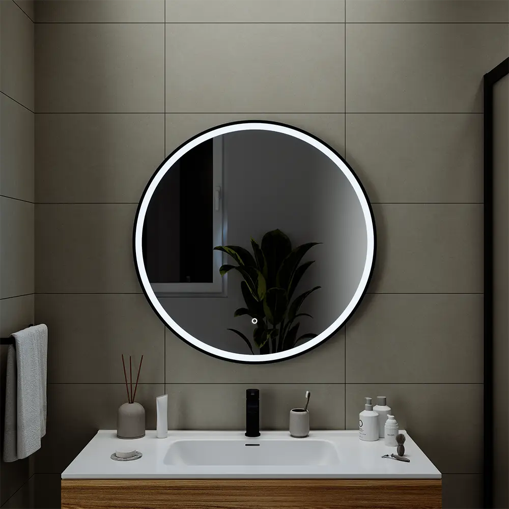 Specchio Da Bagno Rotondo Con LED E Funzione Antiappannamento, 80 Cm, Cornice Nera, Illuminazione Touch, Design Moderno