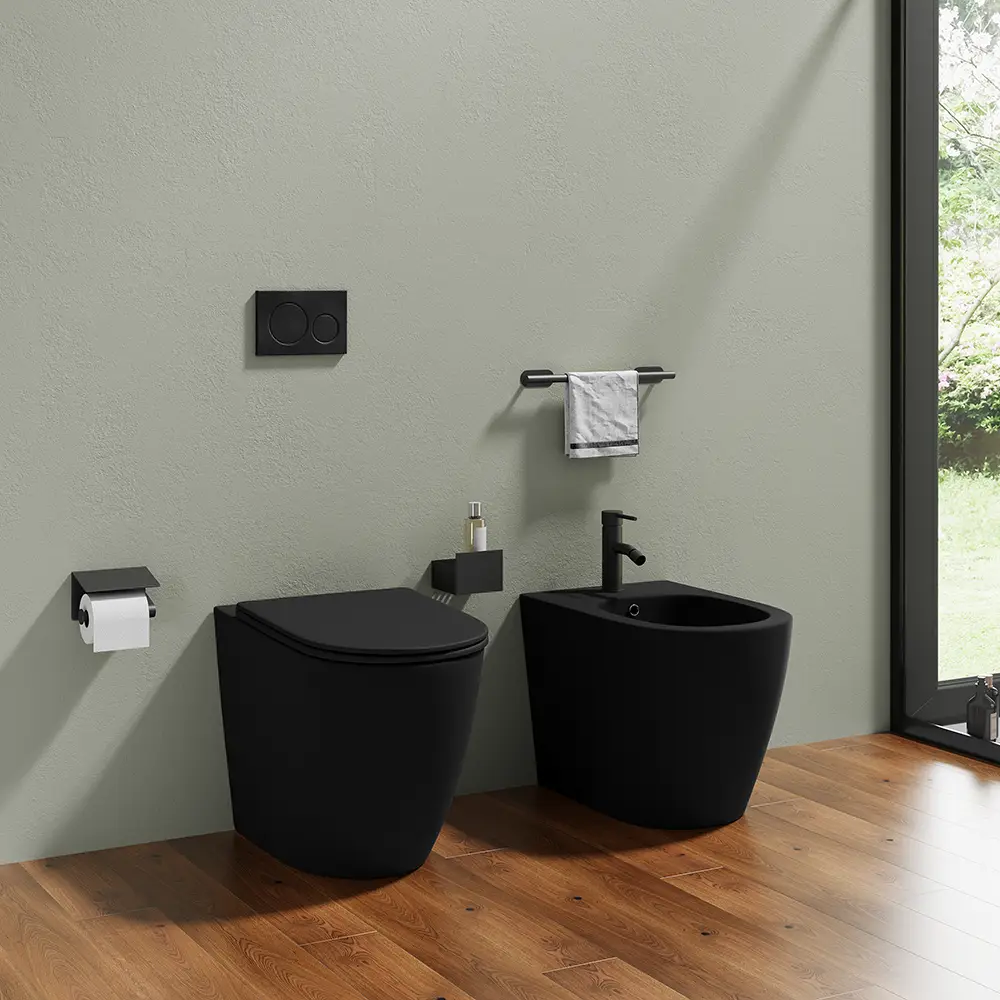 Sanitari filomuro in ceramica nero opaco vaso rimless con copriwc soft-close e bidet | Europa Sanitari filomuro in ceramica nero opaco vaso rimless con copriwc soft-close e bidet | Europa